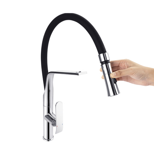 Chrome silver pull Out 2 Water Flow Kitchen Mixer 360-degree Swivel Spout with pull-out spray head extended