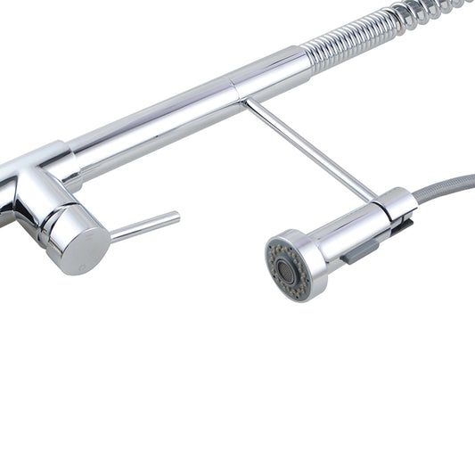 Chrome silver commercial-Style Pull-Out 2 Water Flow Kitchen Mixer with pull-out spray head extended