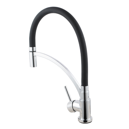 Chrome silver pull Down Rubber Kitchen Mixer 360-degree Swivel Spout front view on a white background