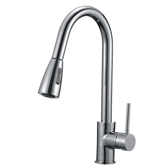 Chrome silver pull Out 2 Water Flow Patterns Kitchen Mixer front view on a white background