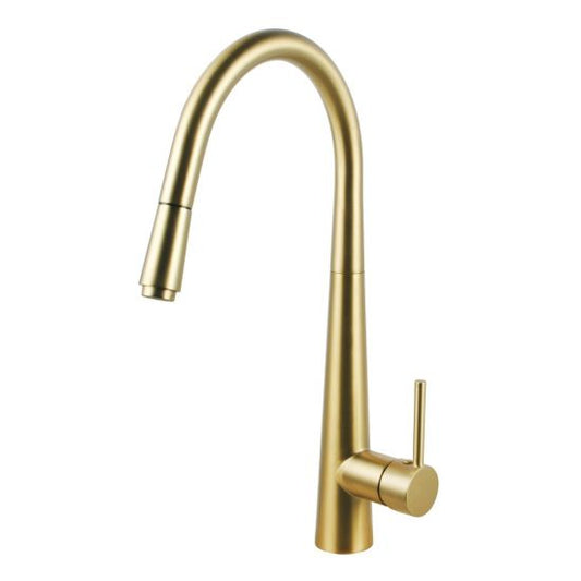 Brushed brass pull Out Kitchen Mixer front view on a white background