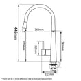 Load image into Gallery viewer, Technical line drawing of a pull-out kitchen mixer tap showing height and reach dimensions in millimetres.