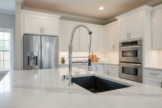 Chrome silver commercial-Style Pull-Down Kitchen Mixer installed over a kitchen sink
