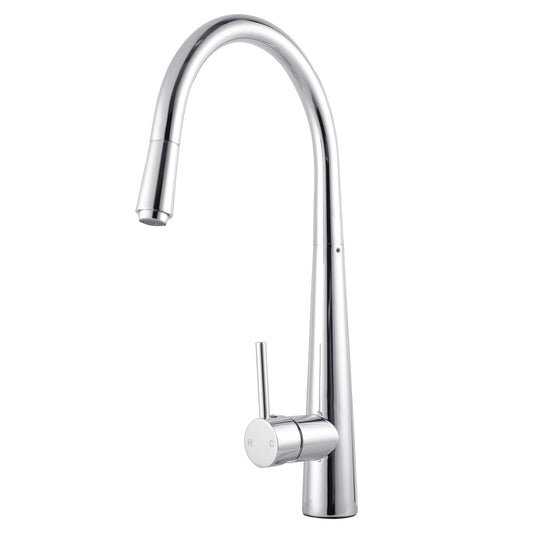 Chrome silver solid brass kitchen mixer tap with a high-arc pull-out spray nozzle and single lever handle.