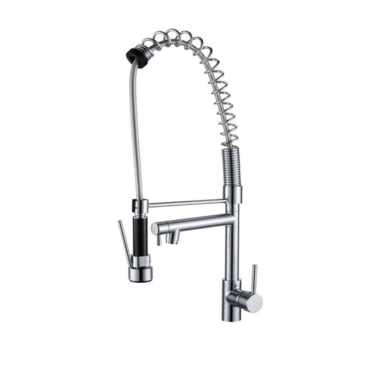 Chrome silver commercial-Style Pull-Down Kitchen Mixer front view on a white background
