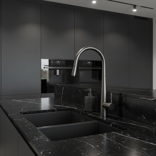 Gunmetal dark grey pull Out Kitchen Mixer with pull-out spray head extended