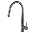 Load image into Gallery viewer, Gunmetal dark grey solid brass kitchen mixer with a high-arc pull-out spray nozzle and side lever handle.