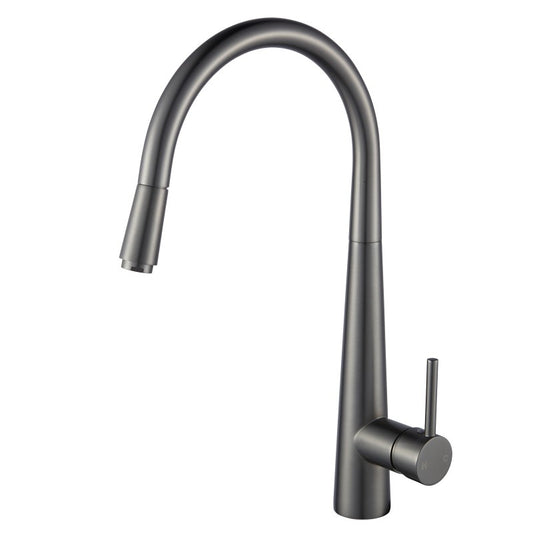 Gunmetal dark grey solid brass kitchen mixer with a high-arc pull-out spray nozzle and side lever handle.