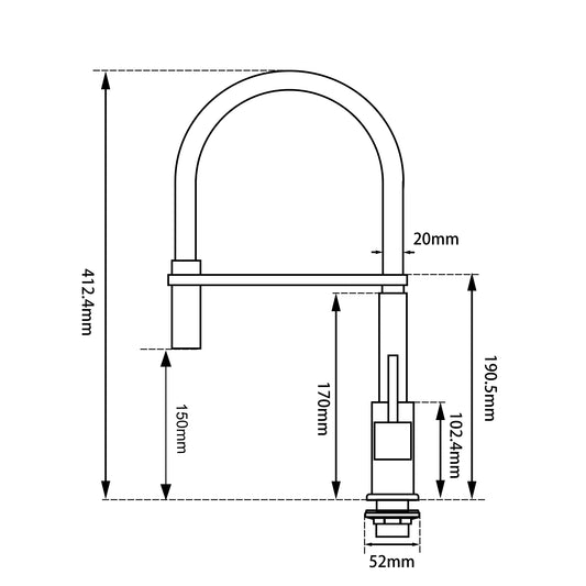 Chrome silver pull Out Square Kitchen Mixer dimensions diagram