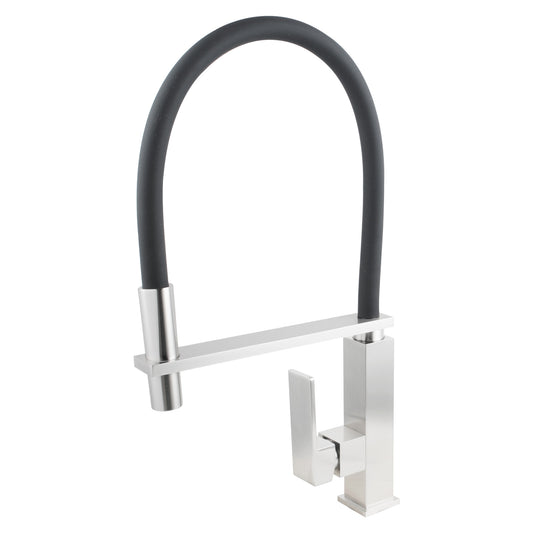Brushed nickel silver pull Out Square Kitchen Mixer front view on a white background