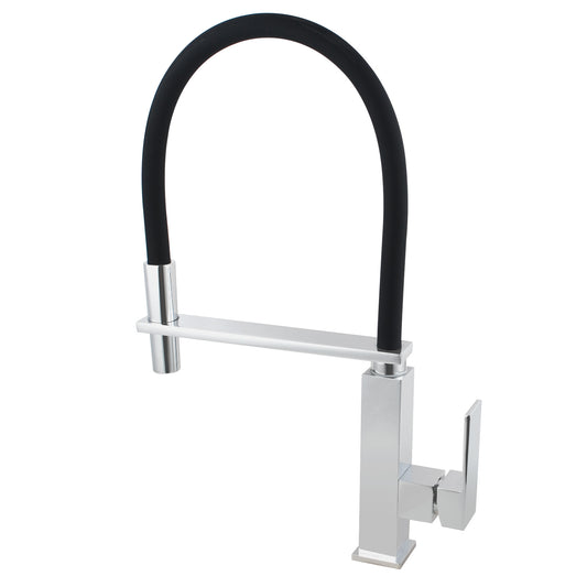 Chrome silver pull Out Square Kitchen Mixer front view on a white background