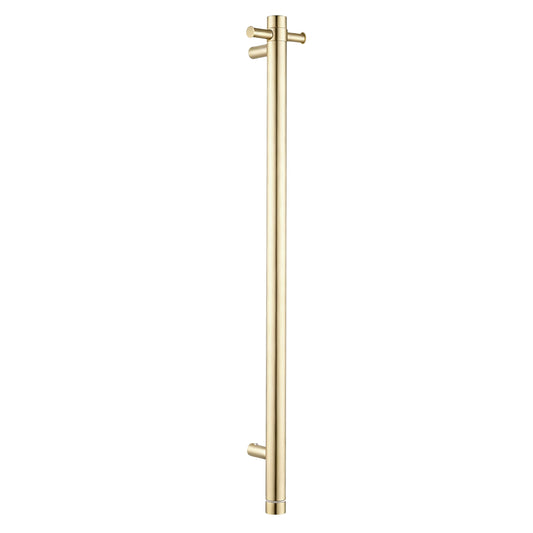 Stainless steel electric vertical single-bar heated towel rail with timer in light brushed brass