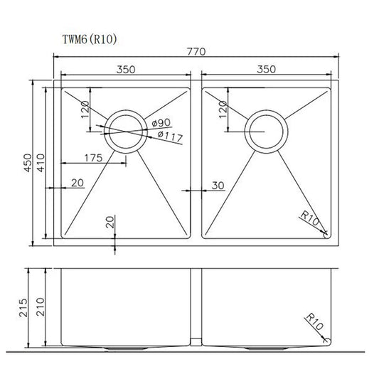 Stainless steel pvd double bowl kitchen sink with bottom grid 770 x 450 x 215 mm copper – view 2