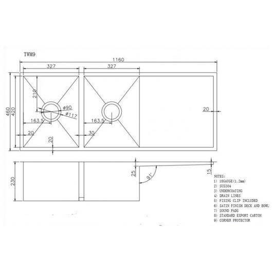 Stainless steel pvd double bowl kitchen sink with drain board with bottom grid 1160460230mm copper – view 2