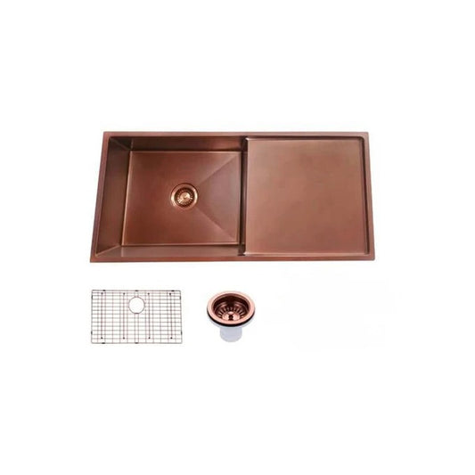 Stainless steel pvd single bowl kitchen sink with drain board and bottom grid 960450230mm copper