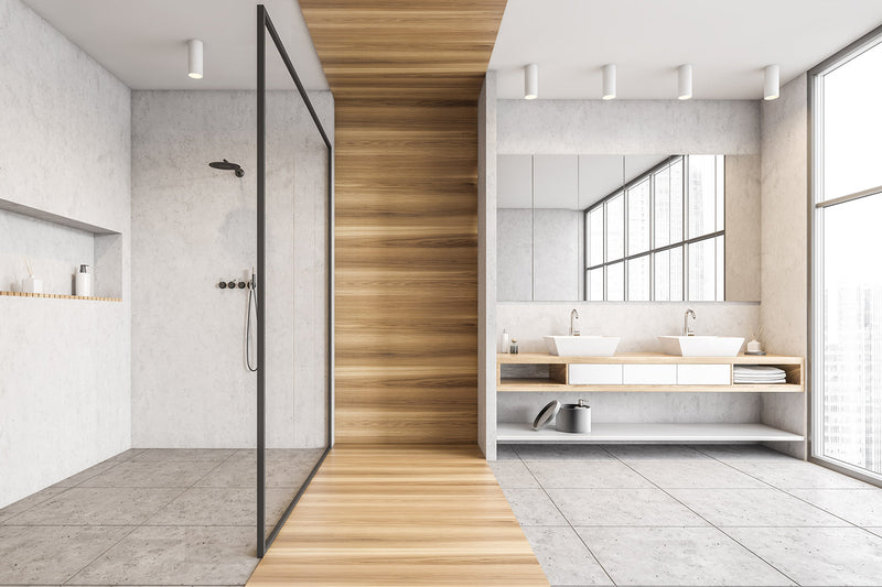 Modern bathroom, minimalistic design, with wall mount shower arm.