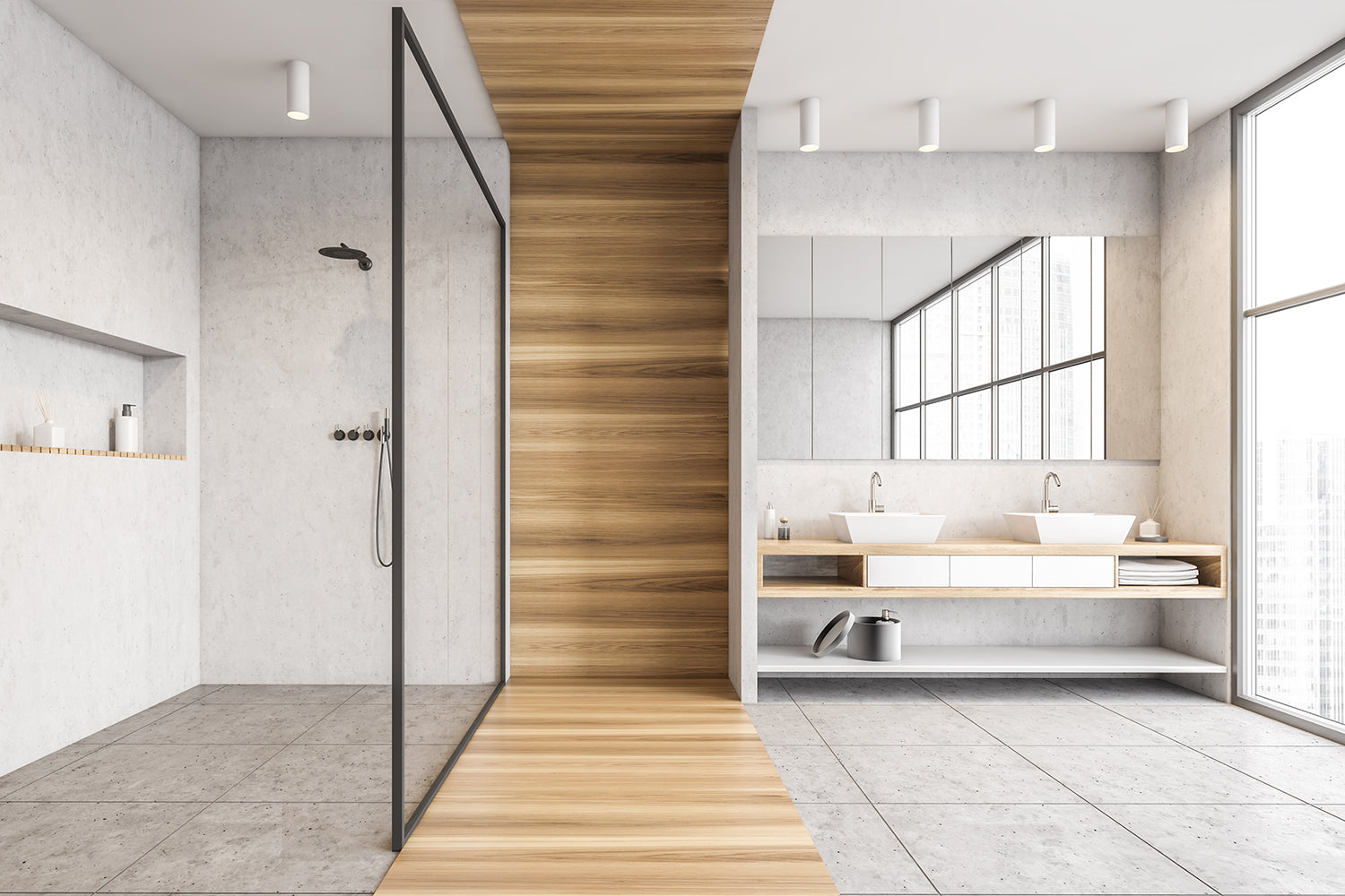 Modern bathroom, minimalistic design, with wall mount shower arm.