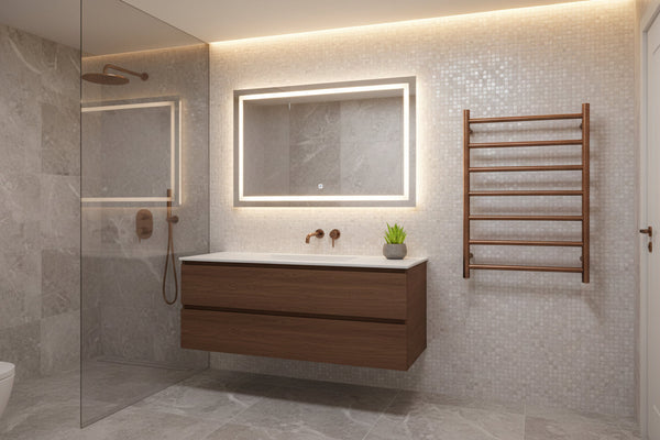 Heated towel rail installed beside a modern bathroom vanity