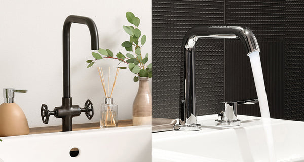Matte black and chrome bathroom finishes shown in a modern interior