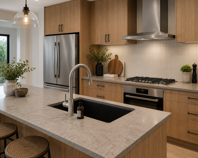 Kitchen sink and mixer matched for a cohesive kitchen design