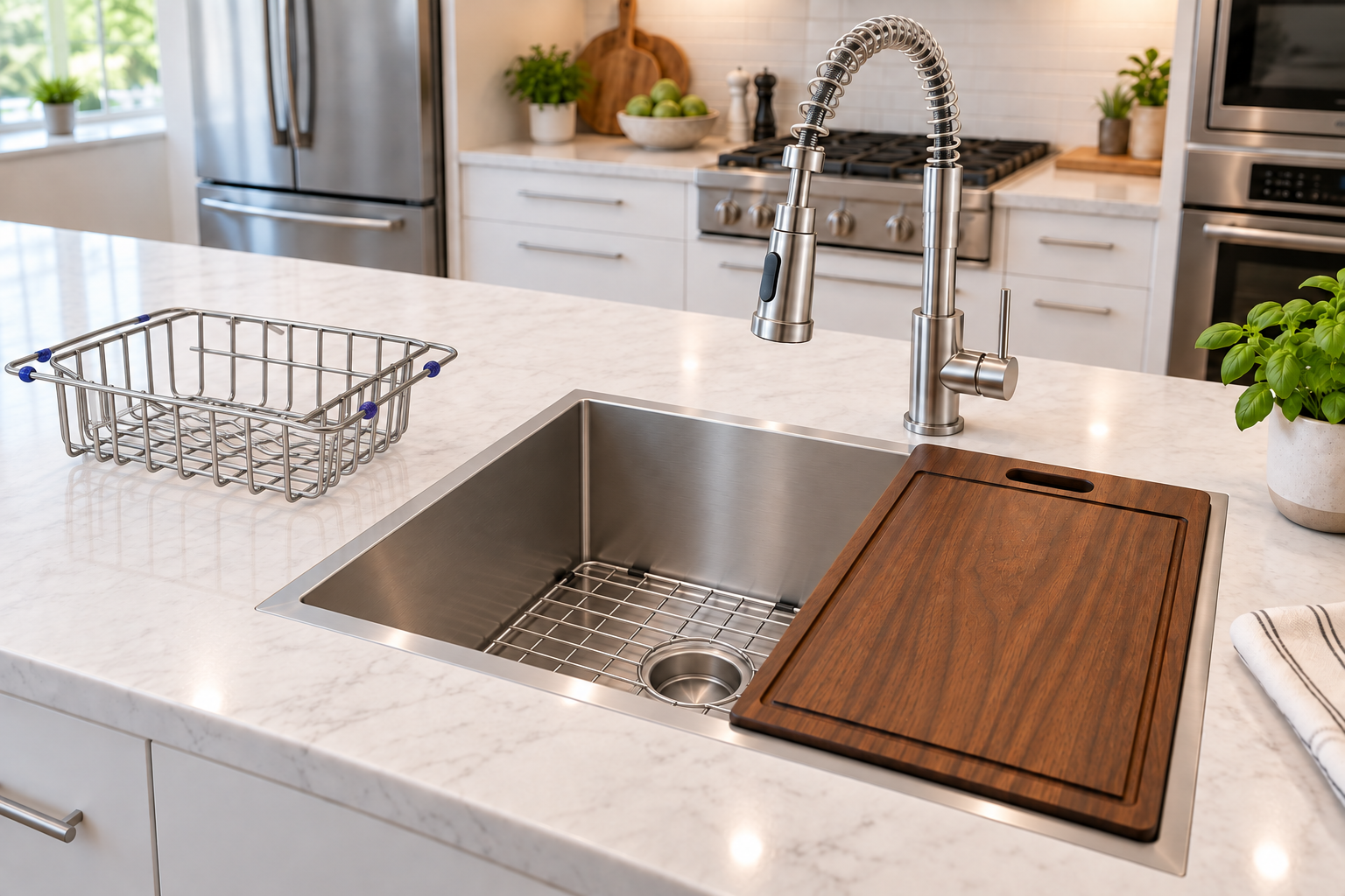 Accessory-compatible kitchen sink with chopping board, basket and brushed brass mixer