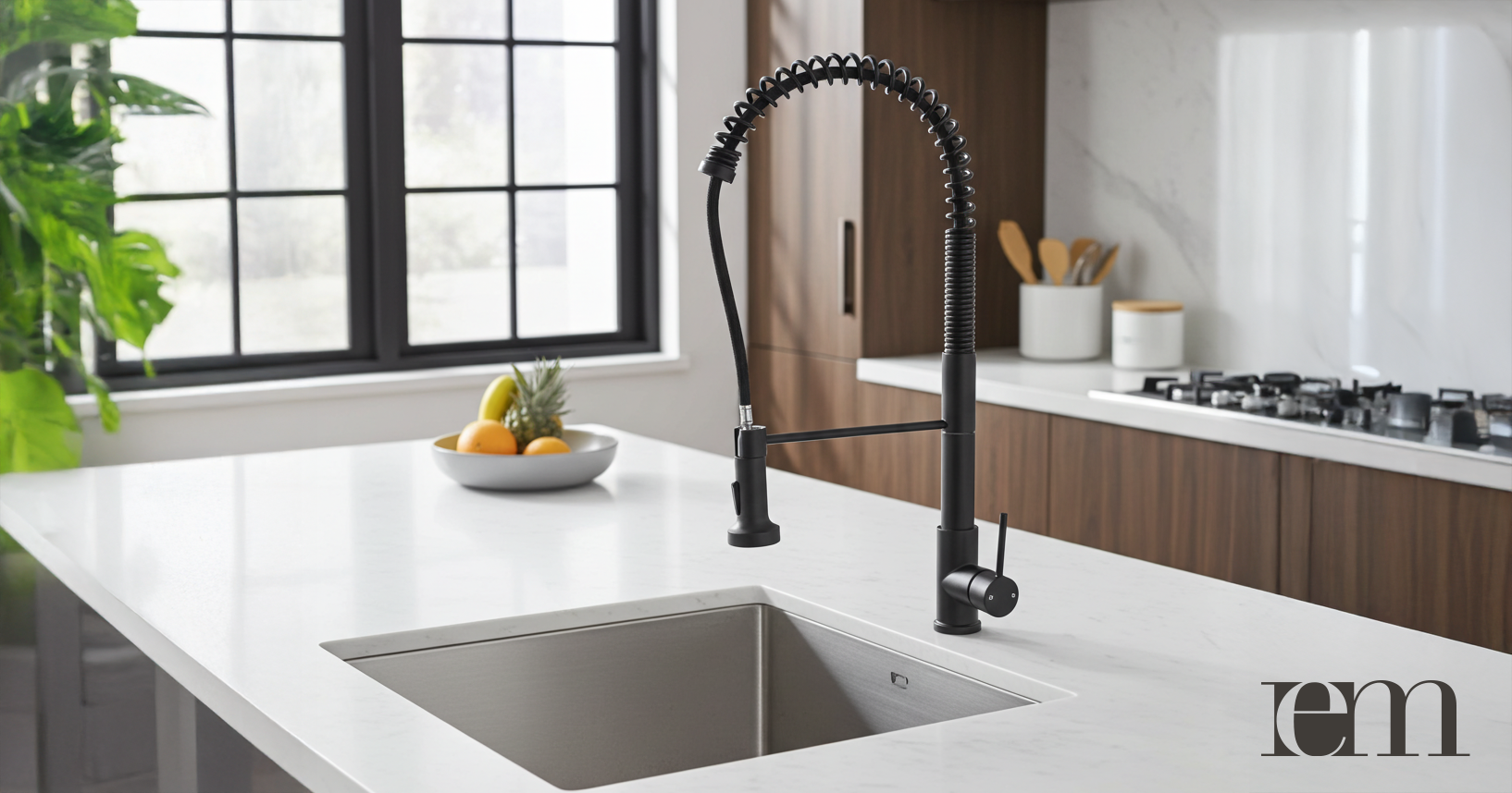 Modern kitchen mixer fitted above a practical kitchen sink