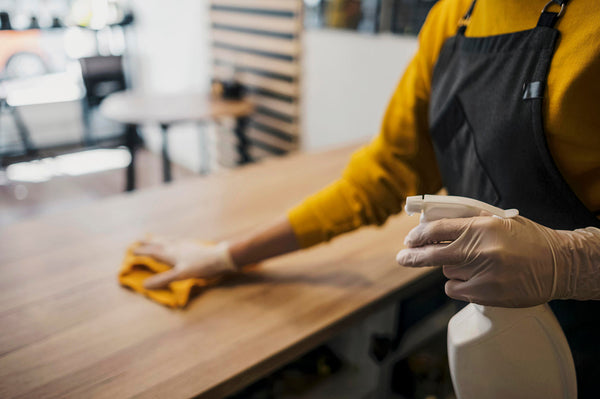Practical cleaning tools arranged for everyday household cleaning