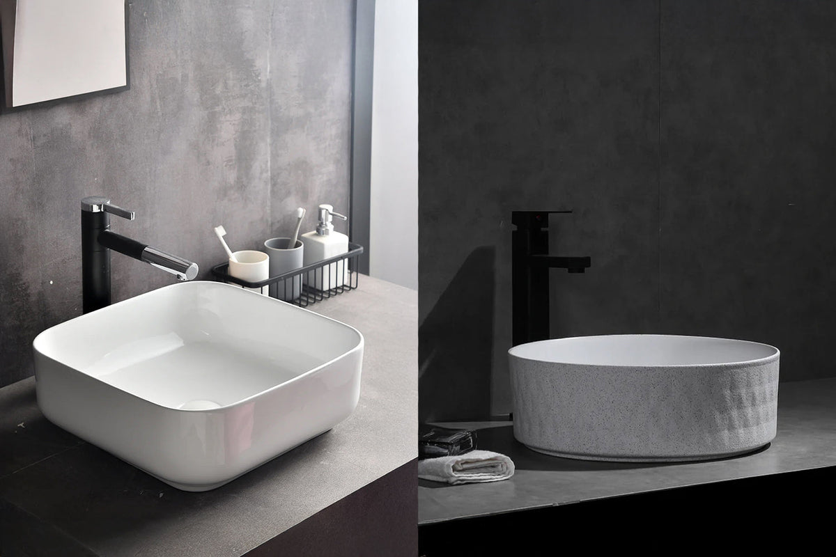 Textured and smooth bathroom basin finishes shown side by side