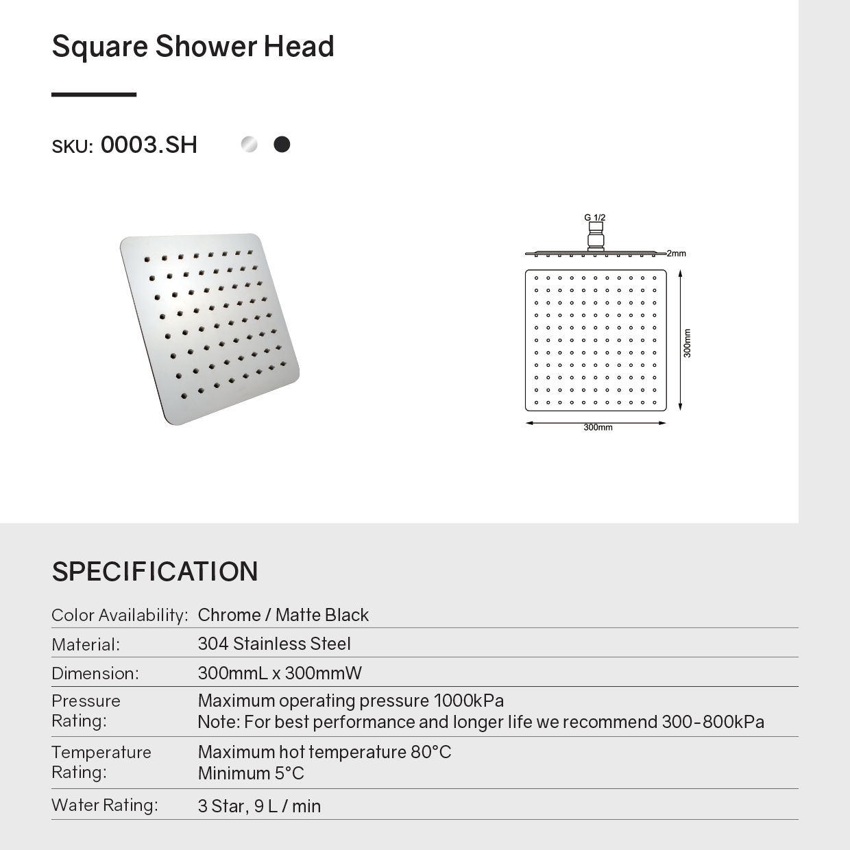 Stainless Steel 300mm Shower Head Square - Chrome Silver