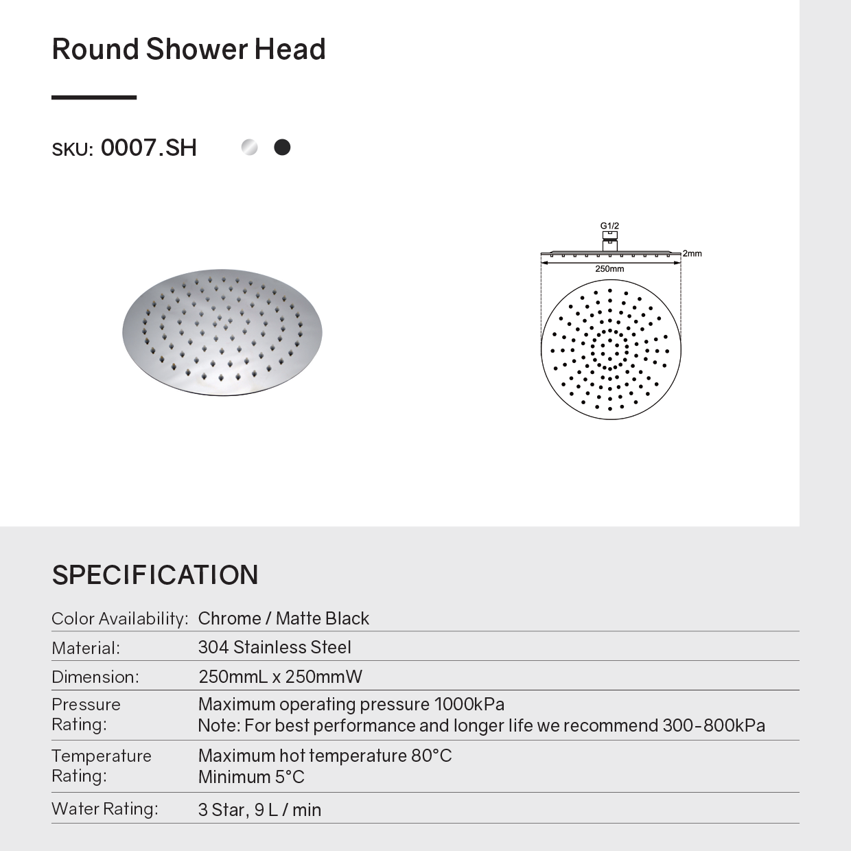 Stainless Steel 250mm Shower Head Round - Chrome Silver