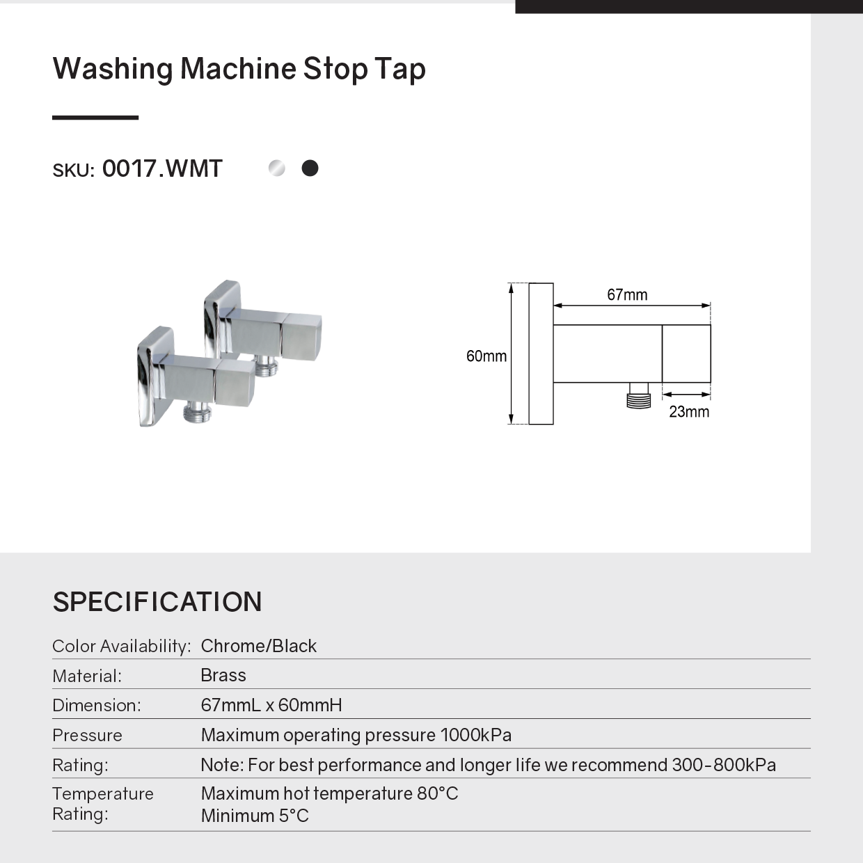 Brass Washing Machine Square Taps One Pair - Chrome Silver