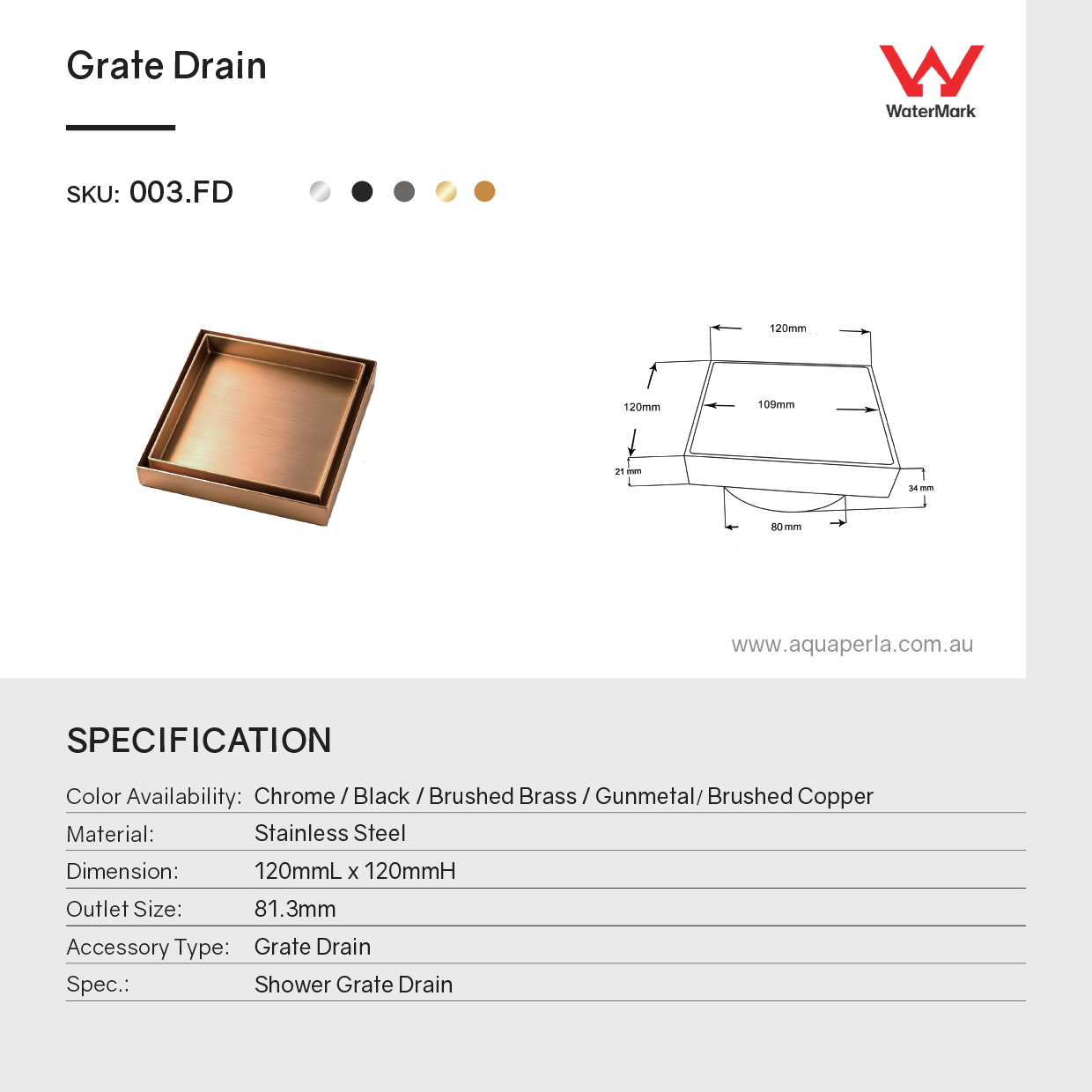 Stainless Steel Tile Insert Drain 120x120mm - Brushed Copper