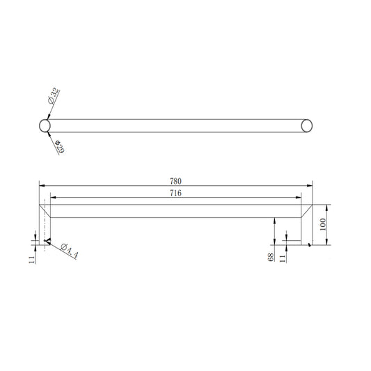 Stainless Steel Electric Heated Towel Rack Single Bar Horizontal - Brushed Nickel Silver