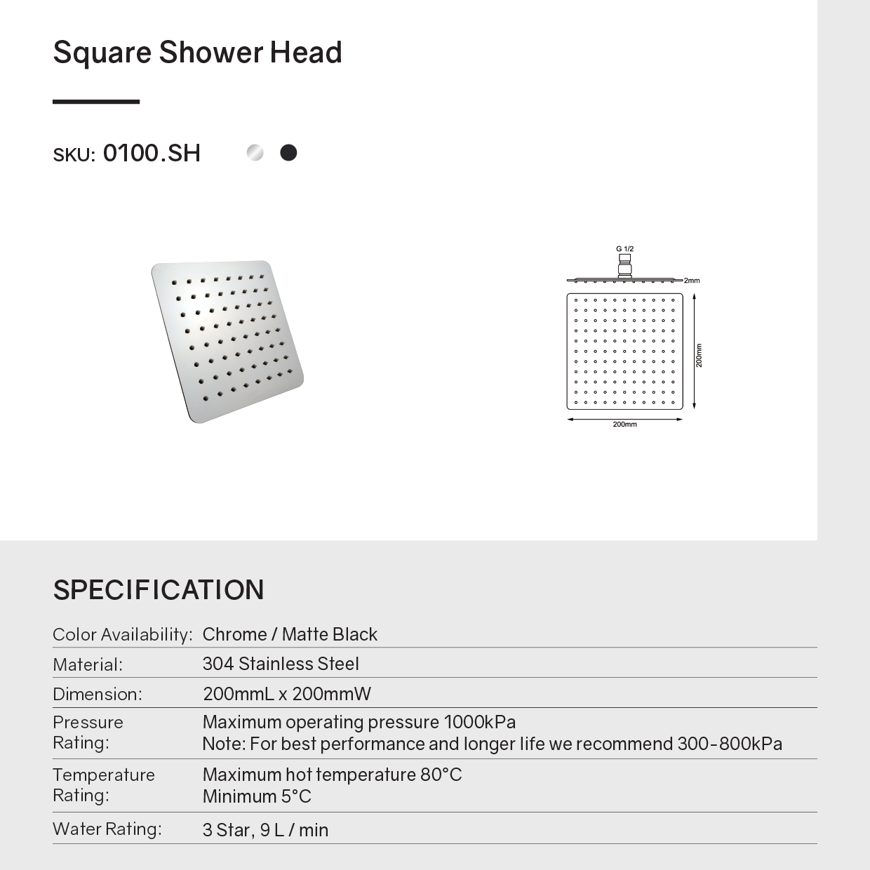 Stainless Steel 200mm Shower Head Square - Black