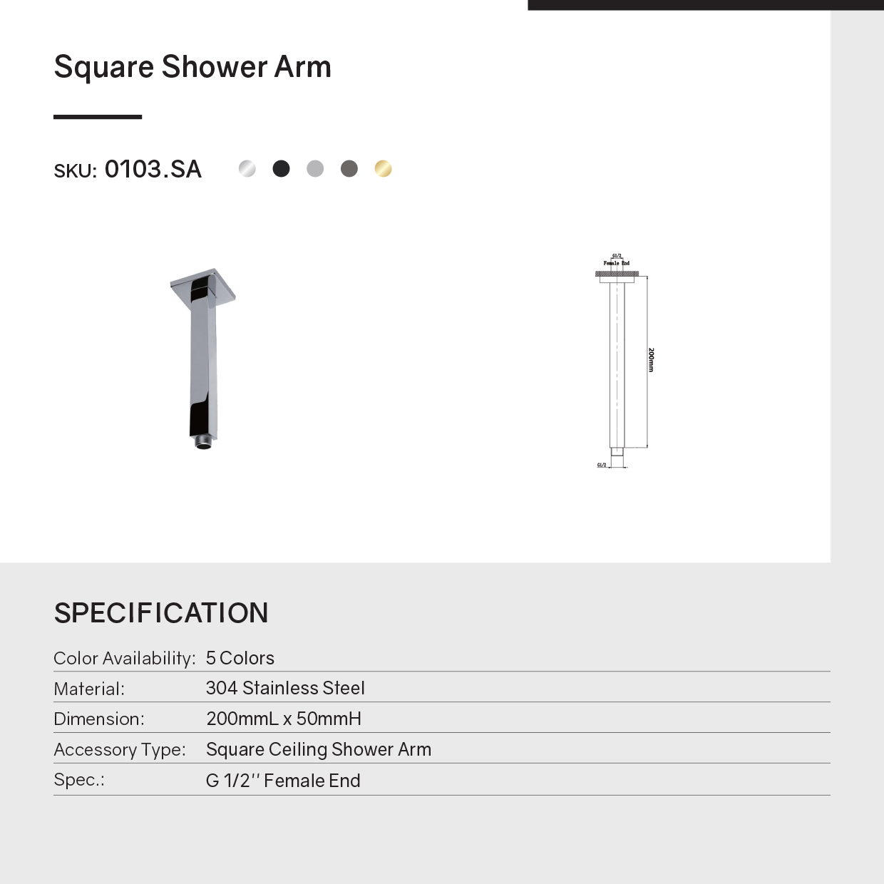 Stainless Steel 200mm Square Ceiling Shower Arm – Chrome Silver