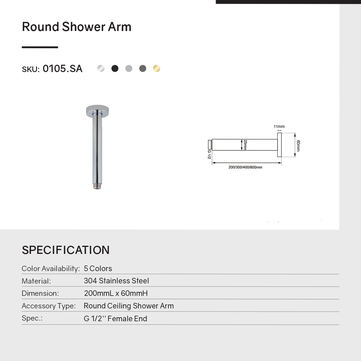 Stainless Steel 200mm Round Ceiling Shower Arm – Gunmetal Grey