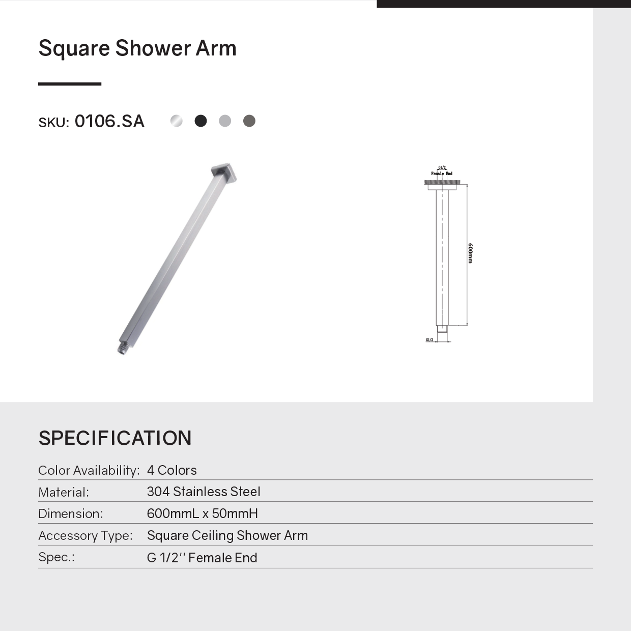 Stainless Steel 600mm Square Ceiling Shower Arm – Black
