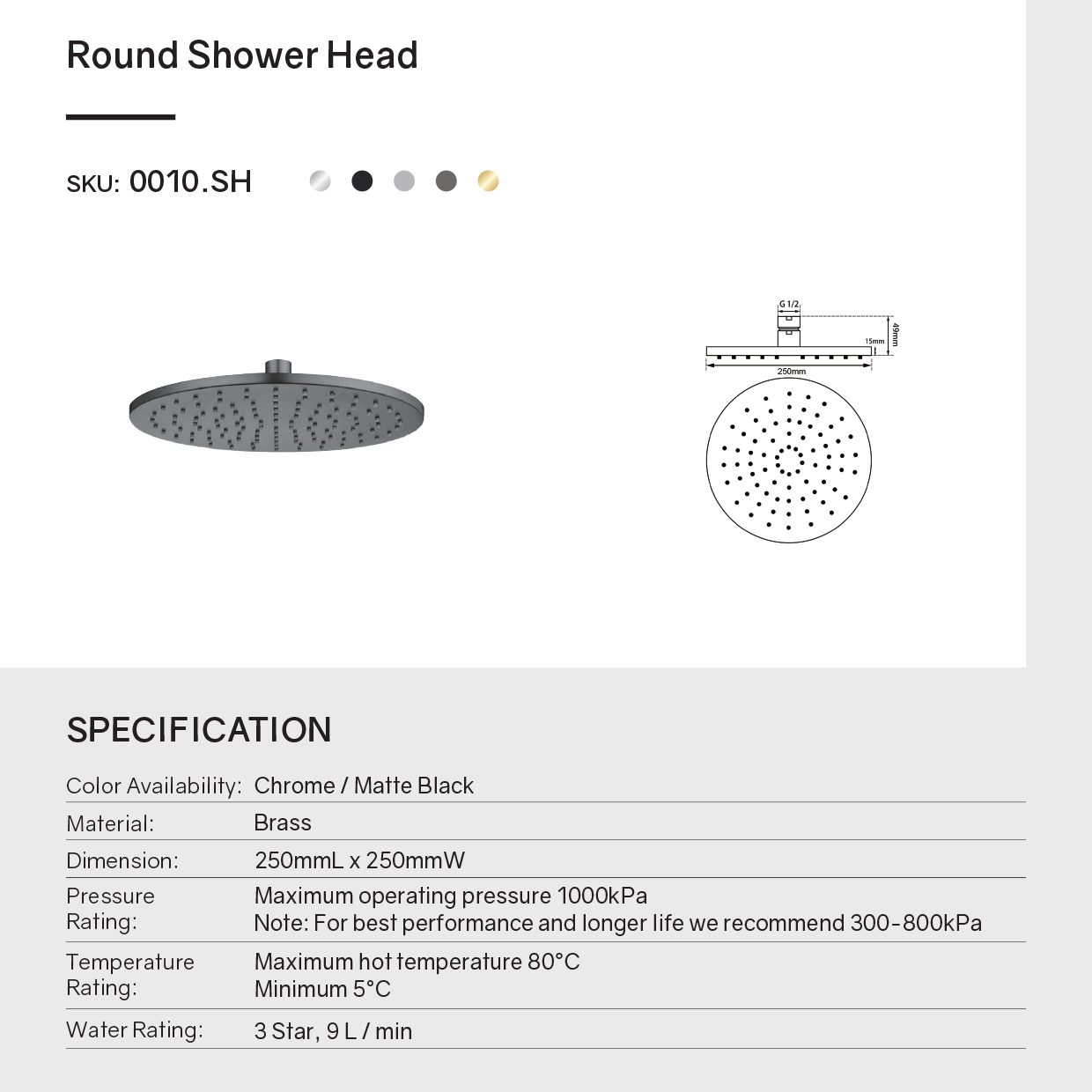 Solid Brass 250mm Shower Head Round - Chrome Silver