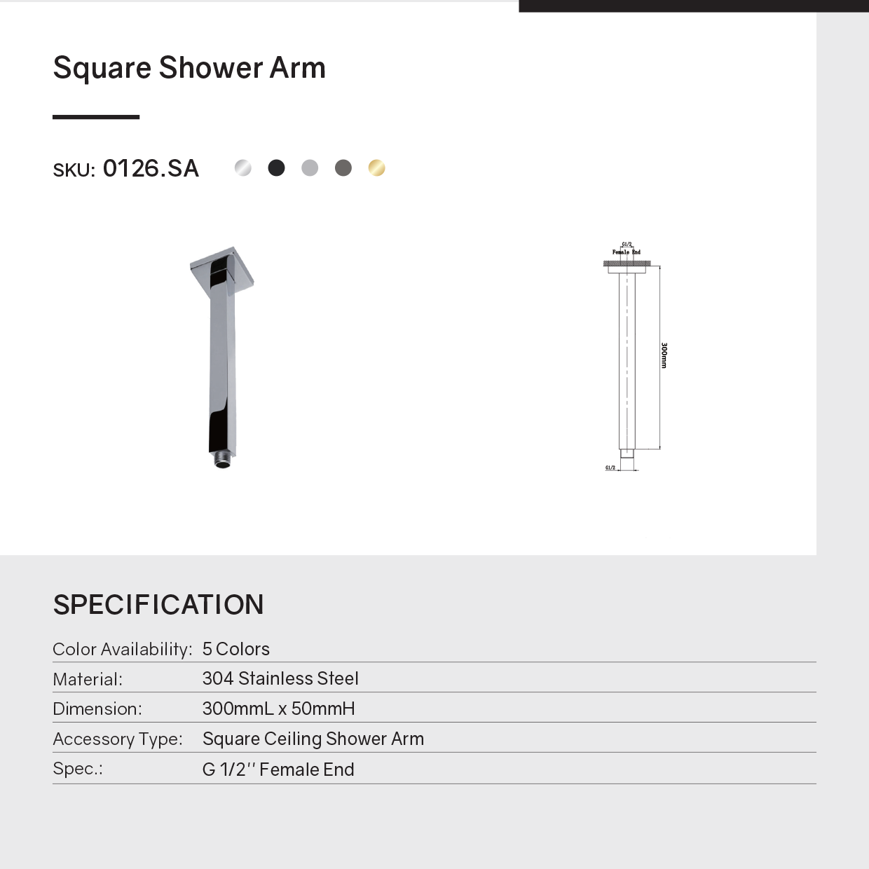 Stainless Steel 300mm Square Ceiling Shower Arm – Brushed Brass Gold