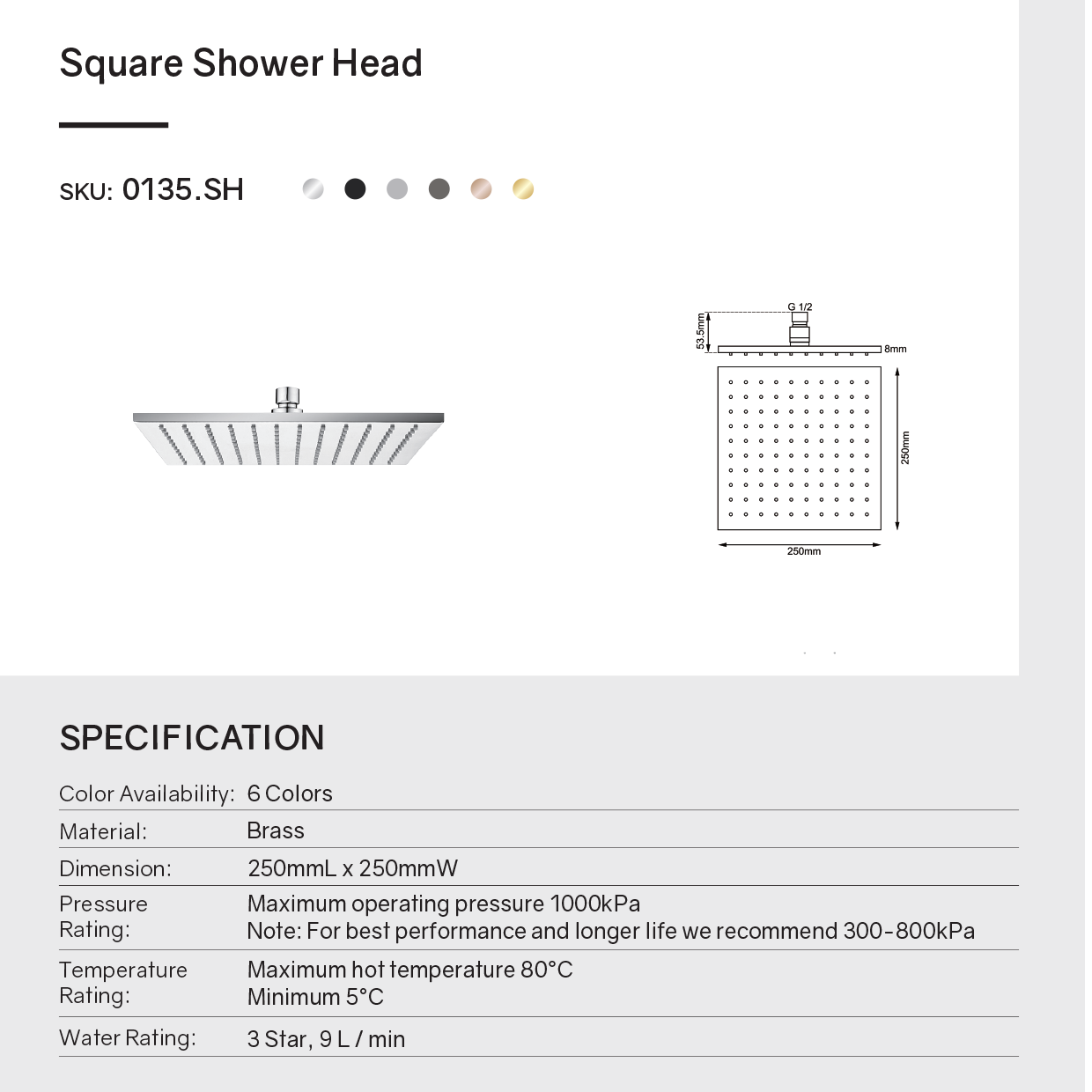Solid Brass 250mm Shower Head Square - Brushed Nickel Silver