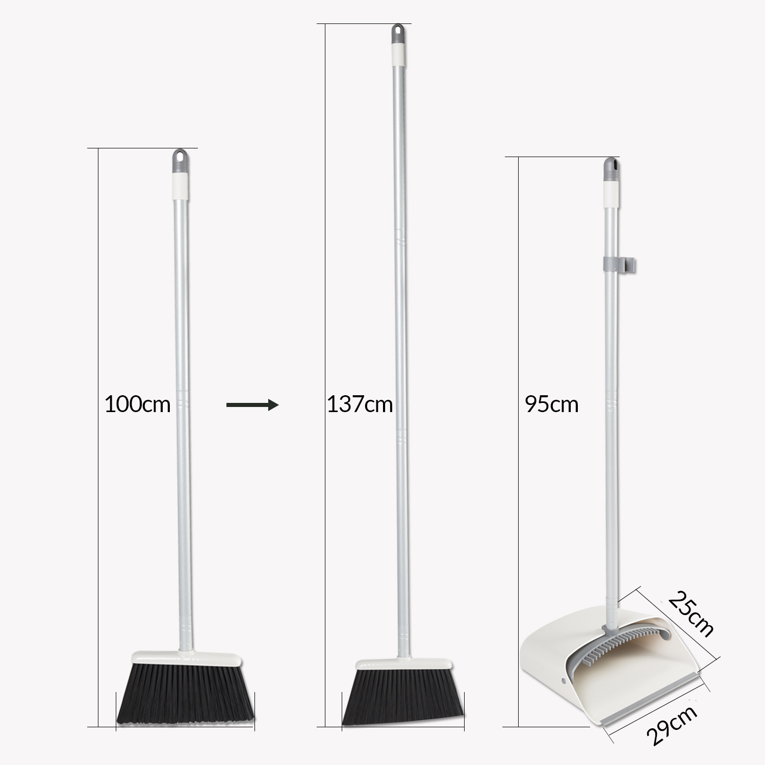 Dolanx Long Handle Broom and Dustpan Set with Convertible Height with Foldable Dustpan - White