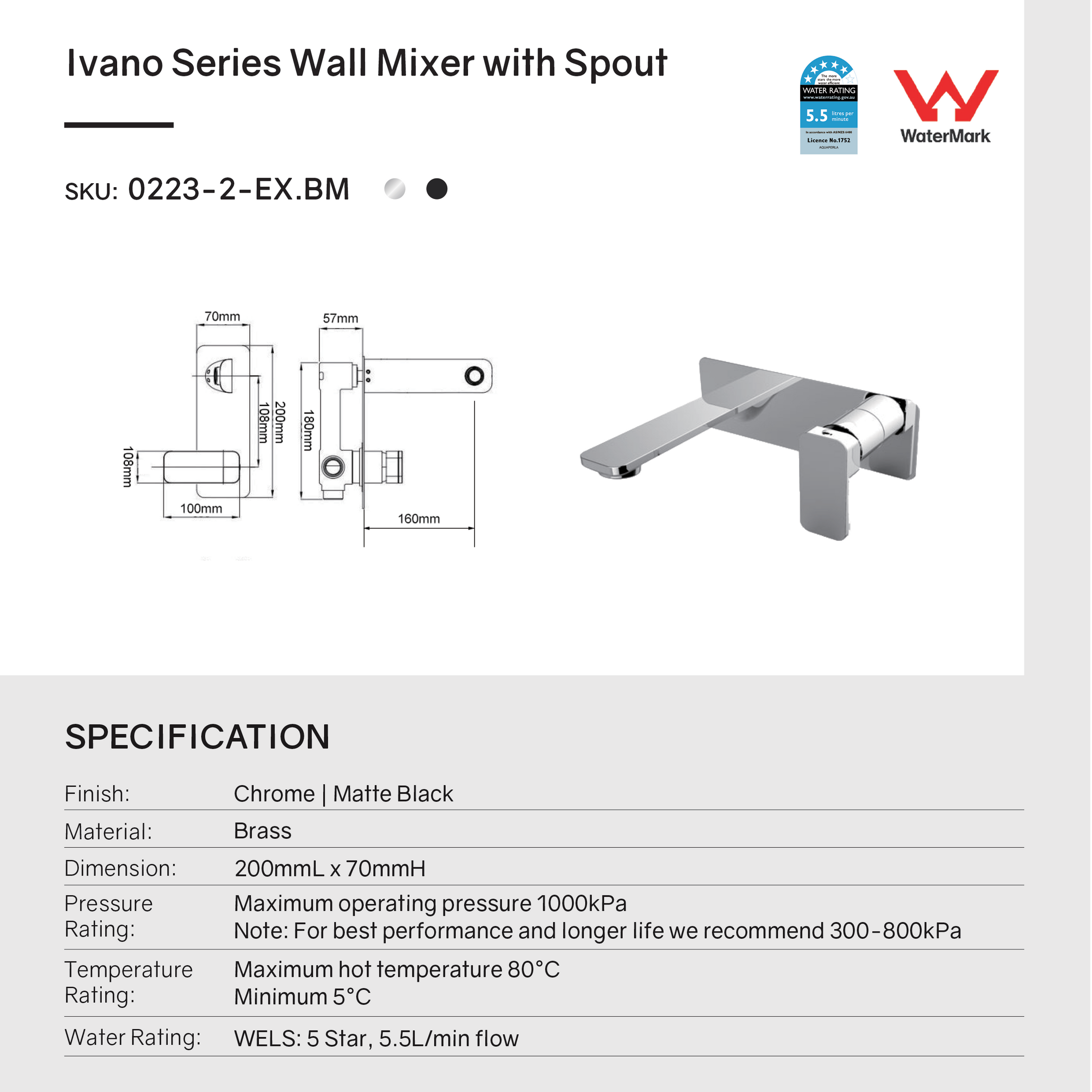 Solid Brass Spout Mixer - Chrome Silver - IVANO