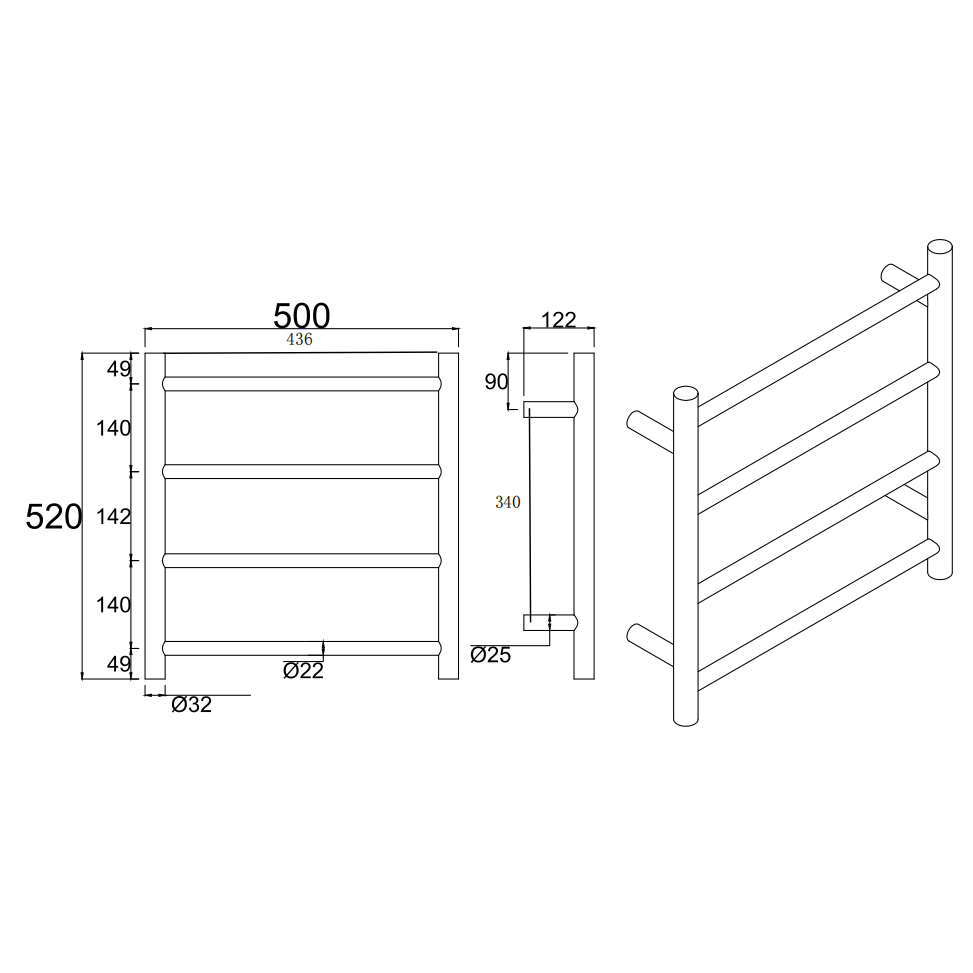 Stainless Steel Heated Towel Rack 4 Bars Round - Black