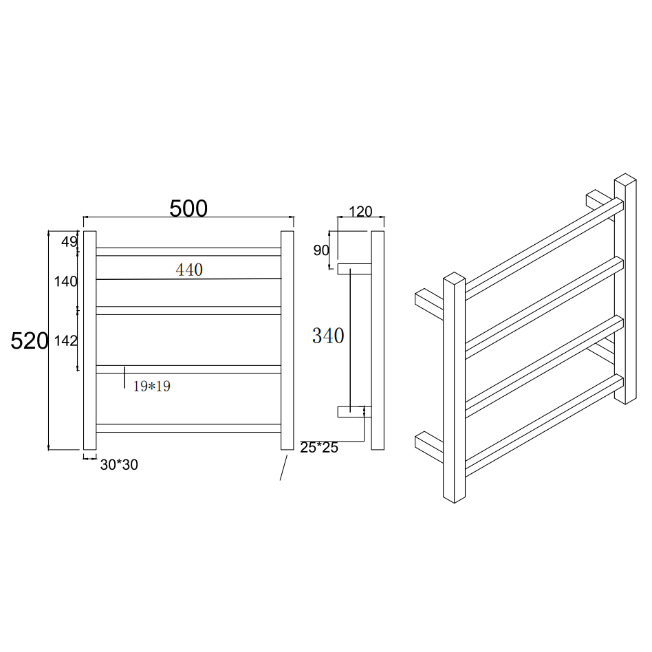 Stainless Steel Heated Towel Rack 4 Bars Square - Brushed Nickel Silver