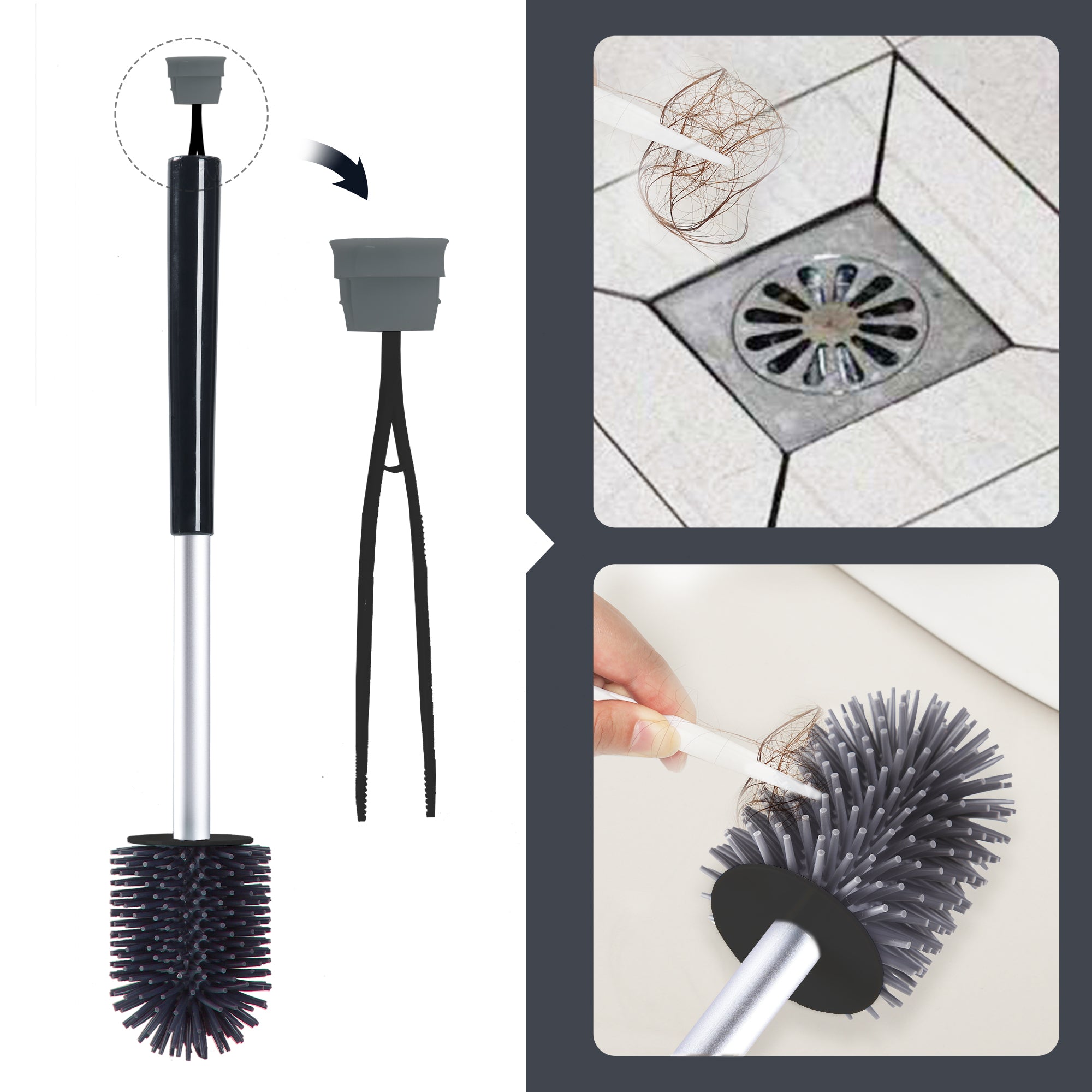 BOOMJOY Toilet Brush and Holder with TPR Rubber and Built-in Tweezer - Black