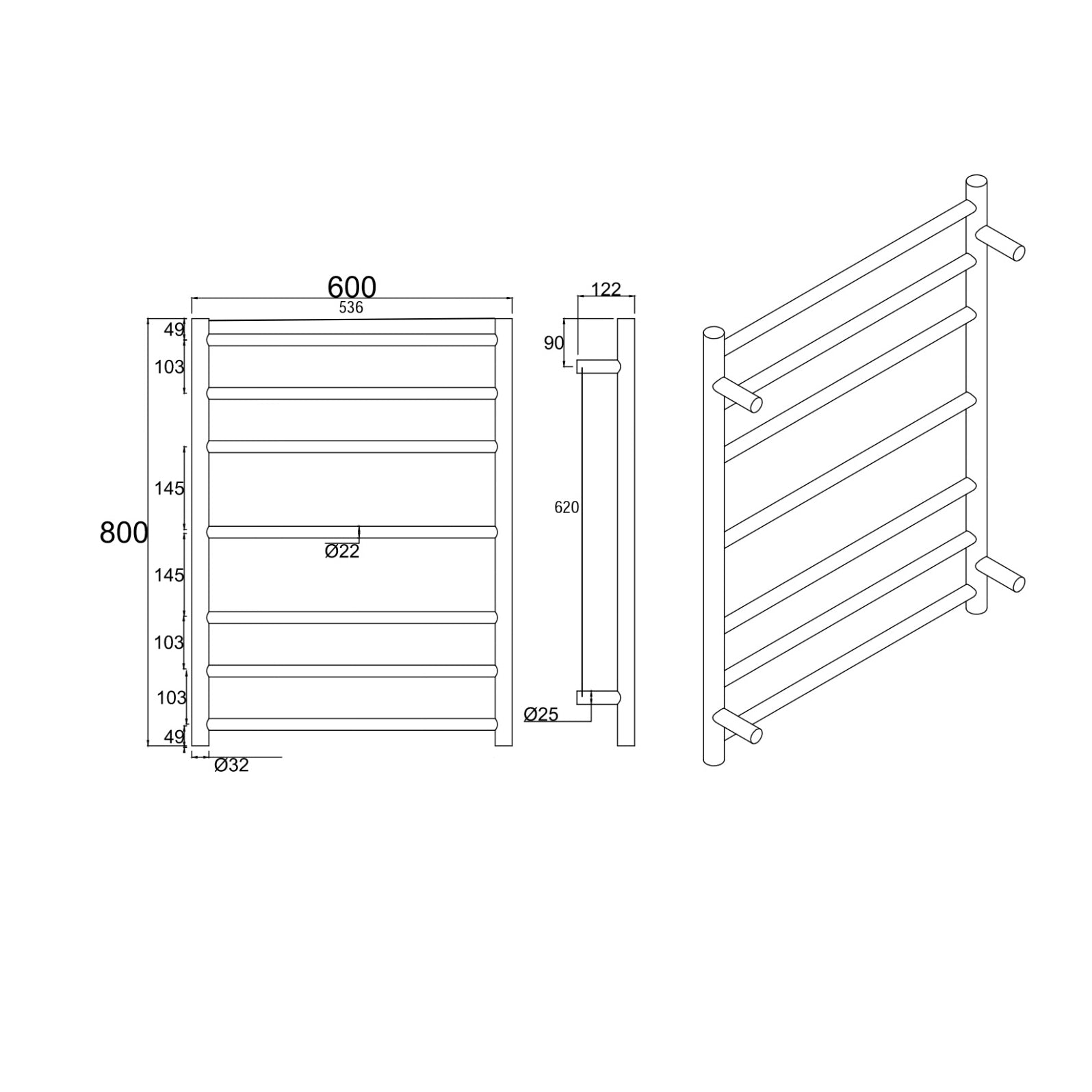 Stainless Steel Heated Towel Rack 7 Bars Round - Chrome Silver