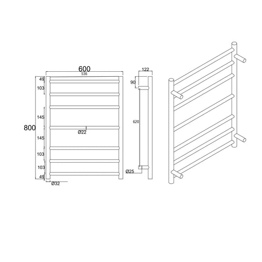 Stainless Steel Heated Towel Rack 7 Bars Round - Chrome Silver