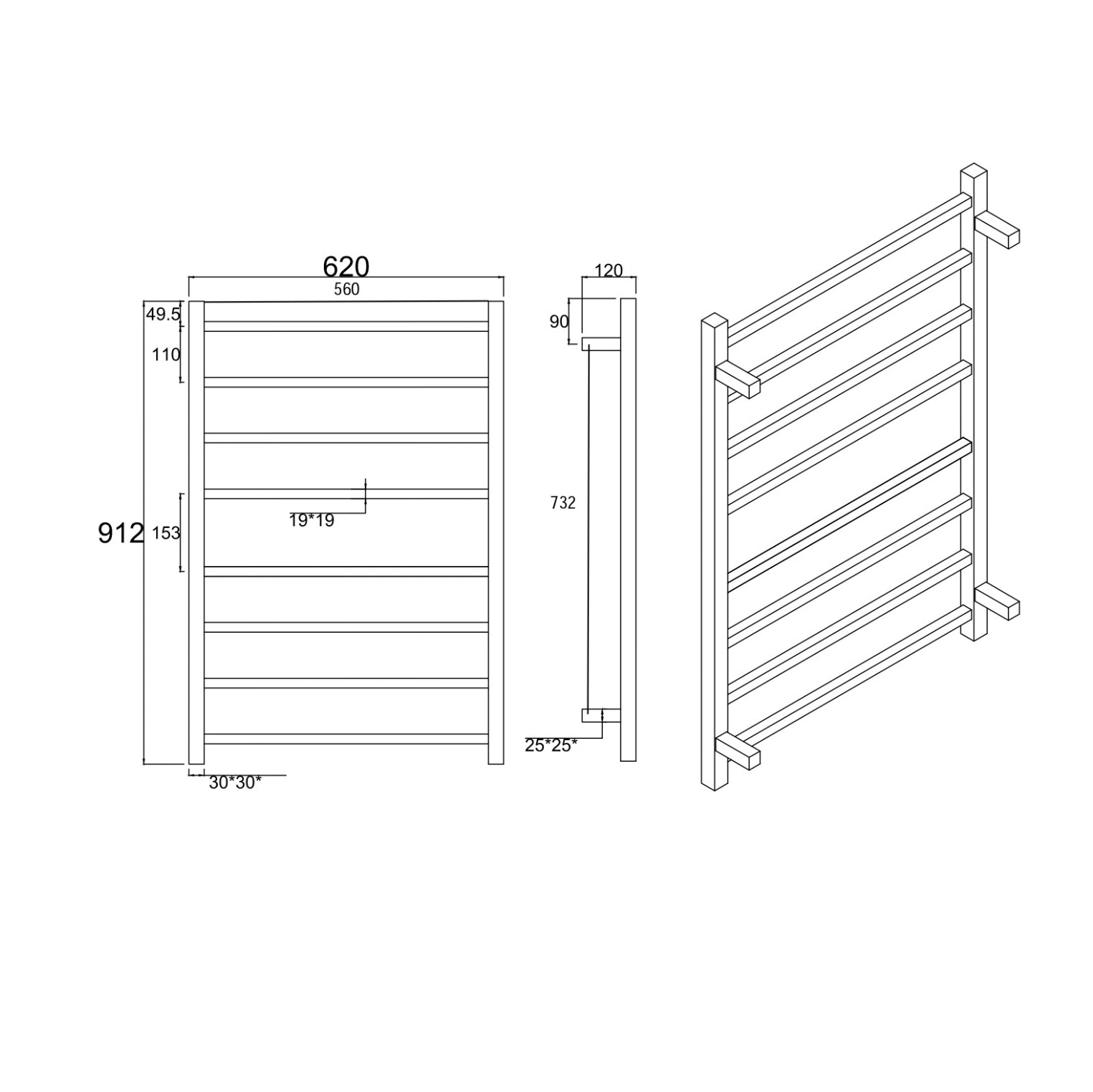 Stainless Steel Heated Towel Rack 8 Bars Square - Chrome Silver