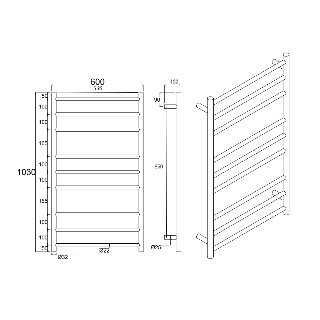 Stainless Steel Heated Towel Rack 9 Bars Round - Black