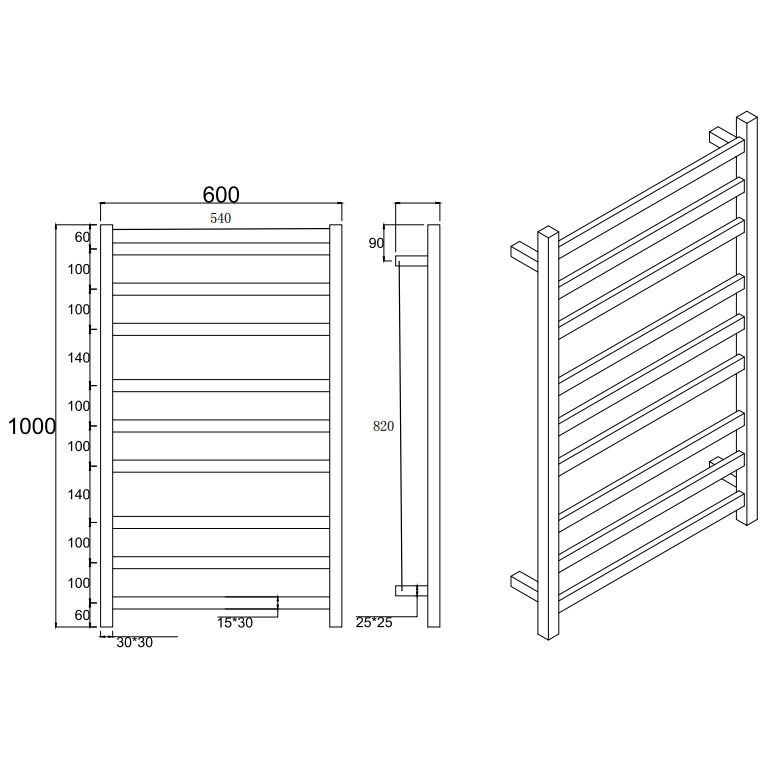 Stainless Steel Heated Towel Rack 9 Bars Square - Black